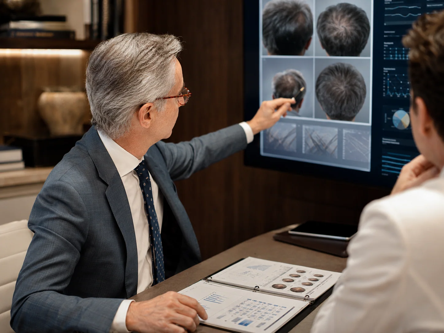 Peter Feldman reviewing hair-loss progress photographs and scalp findings with a patient.